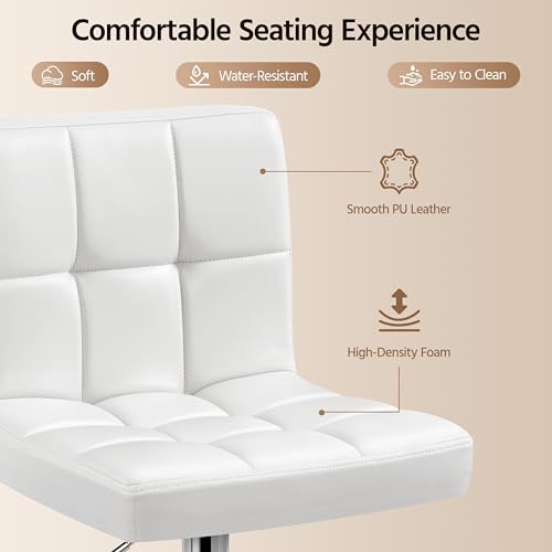 Image of Yaheetech Single Bar Stool, PU Leather Adjustable Swivel Barstools, Armless Hydraulic Kitchen Counter Bar Stool, Kitchen Island Chairs, White