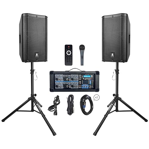 PRORECK Delta 126 2000W Bluetooth PA Speaker System with 6-Channel Powered Mixer, 2 12-Inch Passive Speakers, Stands, Reverb Effects, 15V Phantom Power. Perfect for DJs, Bands, Karaoke, Live Events