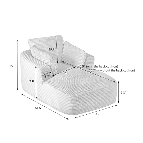 Image of 65 inch Soft Corduroy Chaise Lounge Chair Indoor, Lounge Chaise with Spring Cushion, Sleeper Sofa with No Assembly for Living Room and Apartment, White