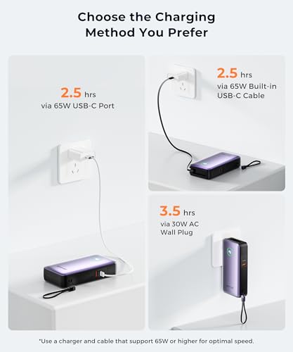 Image of Portable Charger Power Bank - Laptop Battery Pack 65W AC Plug GaN 25000mAh Built in Cable USB C Phone Fast Charging Compatible with iPhone 16 15 14 13 12 11 X iPad MacBook Samsung (Purple)