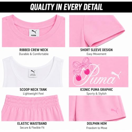 Image of PUMA Girls Active Shorts Set - 3 Piece Performance T-Shirt, Tank Top, Gym Shorts - Summer Athletic Outfit for Girls (7-14)