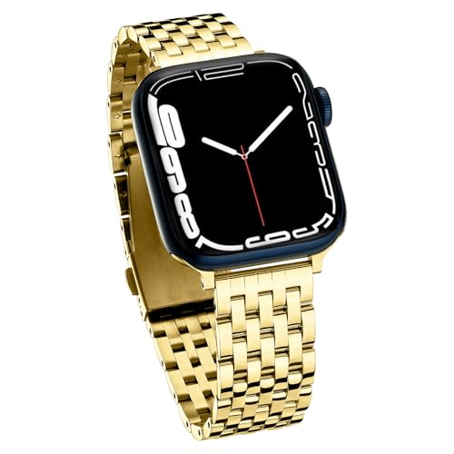 Seven-link Watch Bands for Apple Watch 11,10,Se,9,8,7,6,5,4,3,2,1 for Women, Dressy Stainless Steel Metal Band for Apple Watch 44mm 45mm 46mm 42mm 49mm for iWatch, 14K Light Gold