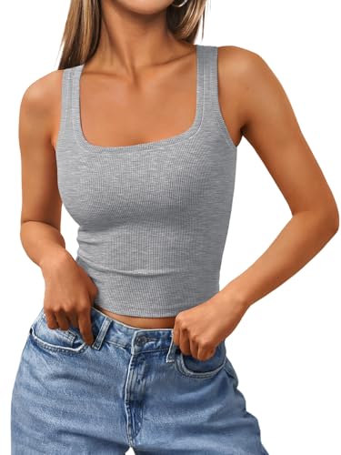 Trendy Queen Women's Summer Square Neck Tank Tops Workout Cropped Ribbed Summer Camisole Sleeveless Clothes 2026 LightGray M