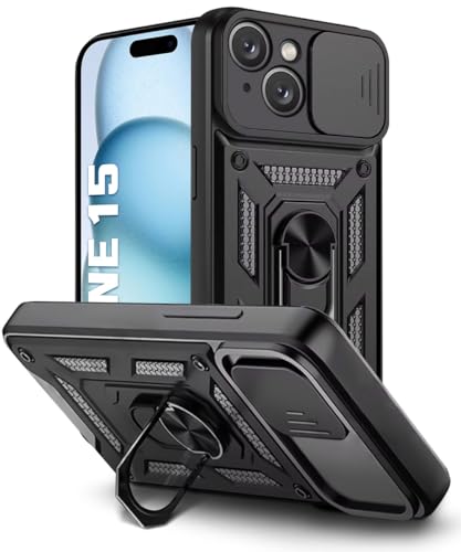 Image of WOW IMAGINE Tough Armor Bumper Mobile Back Case for iPhone 15 | Sliding Camera Shield Cover | Shock Proof 360 Protection | Hybrid PC + TPU | Ring Holder with Kickstand - Black