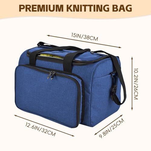 Image of Knitting Bag, Large Capacity Yarn Storage Organizer Tote Bag with Compartments and Pockets for Knitting Needles, Crochet Hooks, Knitting Project and Accessories, Bag Only, Navy Blue