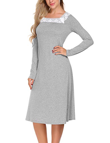 ADOME-Damen-Lang-Nachthemd-Langarm-Sleepwear-Spize-am-V-Ausschnitt-Nachtkleid-A-Linie-Schlafkleid-Casual-Nachtwaesche-Baumwolle-Herbst-Unterkleid