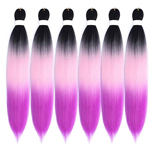 Ombre Pre-stretched Braiding Hair Braid Professional Itch Free Synthetic Fiber Corchet Braids Yaki Texture Hair Extensions 24inch 6Packs(1B/Pink/Purple)