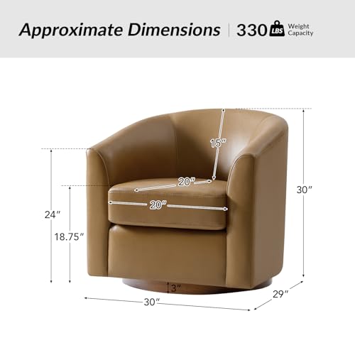 Image of HULALA HOME Genuine Leather Swivel Barrel Chairs Set of 2, Round Swivel Accent Chairs with Solid Wood Base, Leather Barrel Accent Chair for Living Room, No Assembly Required, Camel