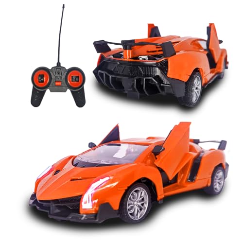 Carrinho de controle Remoto que abre e fecha as portas com luzes para meninos de 5 a 10 anos (Laranj