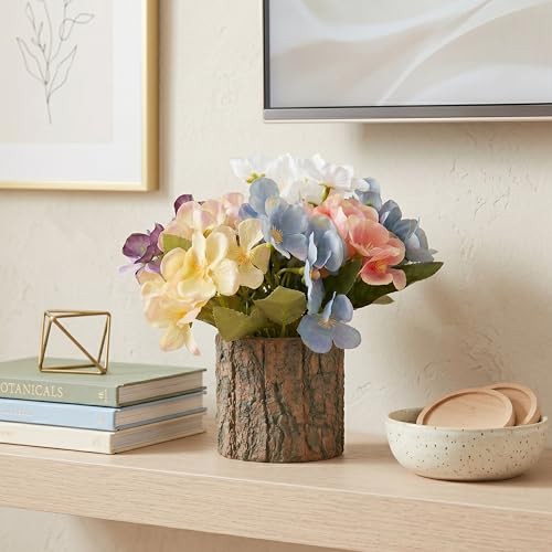Image of Dekorly Artificial Multicolor Hydrangea Flower with Real Wooden Planter Vase (22CM) | Lifelike Faux Floral Arrangement for Home, Office & Table Decor (Hydrangea Floral)