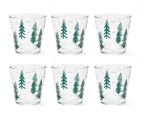 Excelsa Green Winter - Juego de 6 vasos de agua de cristal con decoración de abetos, 250 ml, 8,5 x 9 cm