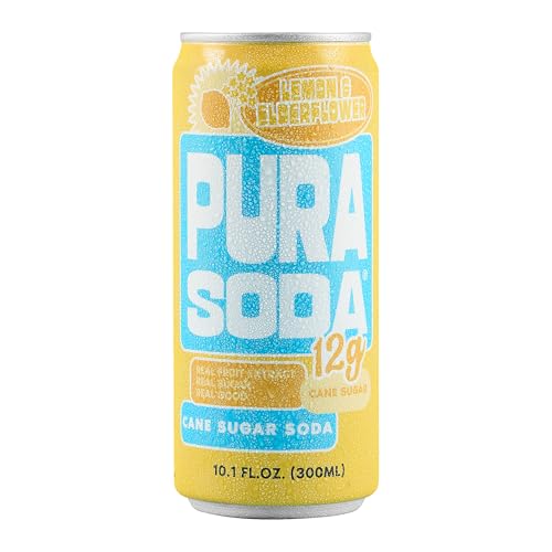 Image of PuraSoda Lemon Elderflower - 12g Pure Cane Sugar Soda, 10 Fl Oz, Pack of 12 | Real Fruit Extract, Non-Gmo Vegan, No Stevia Or Artificial Sweeteners, 12g Cane Sugar, 10 Fl Oz Cans