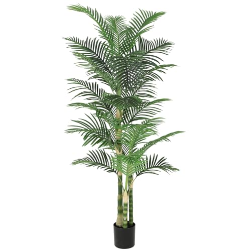 Image of Nafresh 7ft Ultra-Full UV Resistant Fake Golden Cane Palm Tree with Triple Trunks, 84in Tall Artificial Palm Tree Indoor Outdoor, Faux Palm Plant for Living Room Home Office Patio Garden Decor