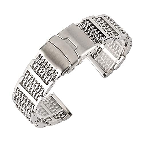 Correa de reloj, malla de 20/22/24 mm Correa de reloj de acero inoxidable Correa de reloj con cierre plegable ajustable de lujo para hombres Pulsera de repuesto (Color: Plata, Tamaño: 24 mm) (Plata 20