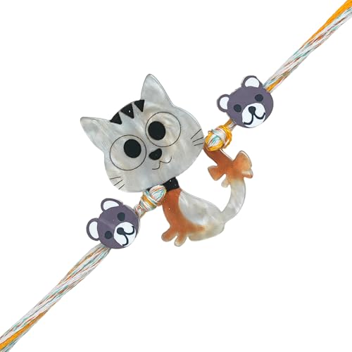 Image of eCraftIndia Unique Cat Design Rakhi for Kids Girls Boys with Best Bro Ever Fridge Magnet | Raksha Bandhan Kids Rakhi for Brother Bhaiya Bhai | Roli Chawal Pack