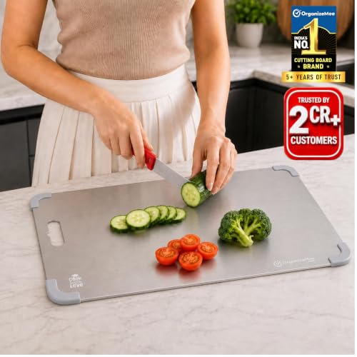 Image of Premium Stainless Steel Chopping Board 41.3x25cm Luxury Kitchen Gift, Mirror-Polished Heavy-Gauge Steel Chopping Board with Anti-Slip Silicon Corners for Housewarming and Weddings