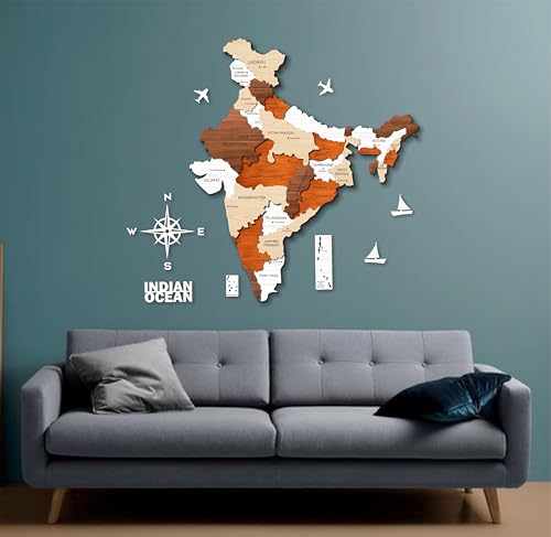 Image of AD INFINITUM 3D Wooden Map of India | Home Decor | Office Decor | A great gift for travelers | Wall decor State and Capital names with Borders (Multicolor Multilayer, 4x3 Feet, INDIA MAP)