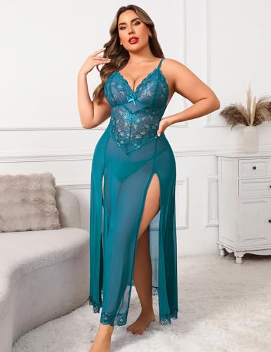 Image of Avidlove Plus Size Lingerie for Curvy Women Long Lace Babydoll Nightdress | V neck sheer mesh nightgown,g-string included,high side slits,adjustable straps,curve-flattering fit,maternity photoshoot