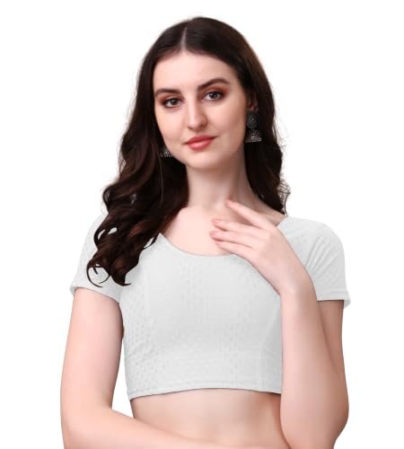 Image of Mogsa Women's Stretchable Cotton Saree Blouse | Readymade Stitched Blouse | Round Neck | Short Sleeve | Soft & Comfortable Ethnic Blouse for Saree Wear