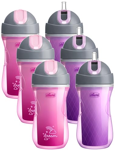 Image of Chicco Insulated Straw Sippy Cup 12+ Months, 9oz Toddler Training Cup with Spill-Free Flip-Top Lid, BPA-Free, Dream Pink /Purple, 2 Count (Pack of 3)