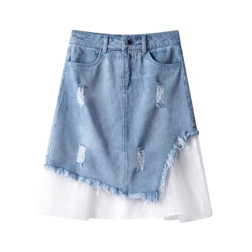 MGWYE Falda Vaquera Azul de Verano for Mujer, Falda Acampanada Adelgazante de Cintura Alta, Falda de Gasa de Encaje asimétrico (Color : Blue,White, Size : XL Code)