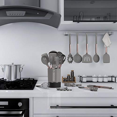 Silicone Cooking Utensil Set, Fungun 24pcs Silicone Cooking Kitchen Utensils Set, Non-stick Heat Resistant - Best Kitchen Cookware with Copper Stainless Steel Handle -Gray(BPA Free, Non Toxic)