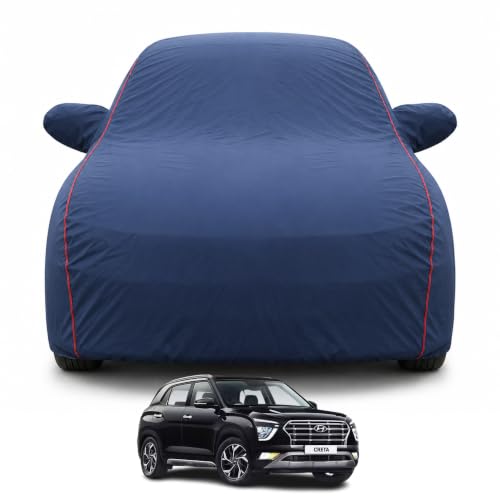 Image of Compatible with Hyundai's Creta 2020-2026 Models Premium Car Cover | Waterproof, UV & Dust Protection | Mirror & | Triple Stitched, Soft Inner Lining, Belt & Buckle (Navy Blue)