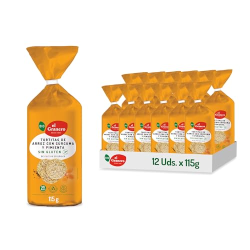 El Granero integral - Pack de 12 Unidades de 115 g de Tortitas Ecológicas de Arroz Integral Con Cúrcuma y Pimienta - 115 g - Sin Azúcar Añadido y Sin Gluten - Fuente de Proteínas - Aptas para Veganos