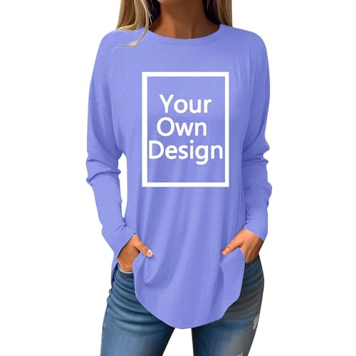 Flodxo Personalised Tshirts for Women Photo Test Custom T Shirt Design Your Own Customised T Shirts Long Sleeve Tunic Tops for Company Work School Letter Logo Uniform Blue M