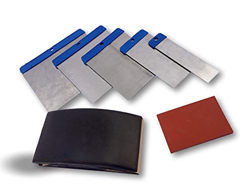 Trousse couteaux de carrossier | 5 spatules japonaises pour mastic enduit + mini cale caoutchouc + cale caoutchouc à poncer carrosserie | Acier poli | Largeurs 25-50-80-100-120 mm | Kibros W116_div