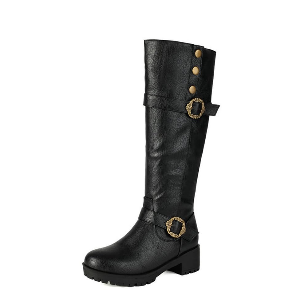 Womens Knee High Boots Round Toe Low Heel Riding Combat Tall Boots with Side Zipper for Fall And