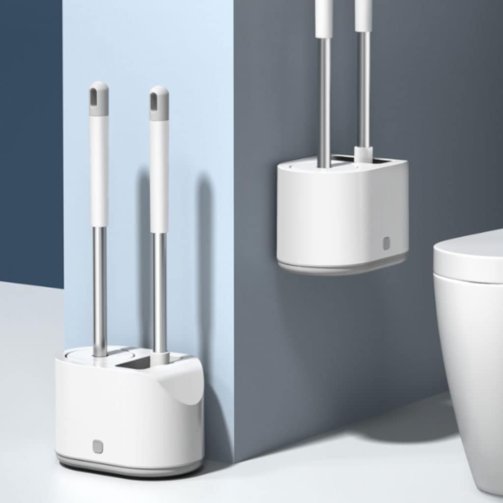 Toilet Brush Toilet Brush and Holder Set White Plastic Long Handle Toilet Cleaning Brush Silicone Brush Toilet Bowl Brush for Bathroom Space-saving, floor standing