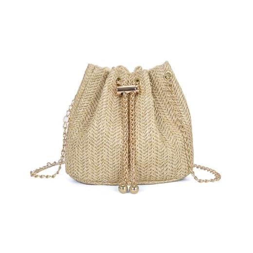 XFSRG Borsa Donna in Paglia Estiva Elegant Spiaggia Tessuta Stile Bohémien Pochette Clutch con Catena per Vacanze al Mare Viaggi(Cachi)
