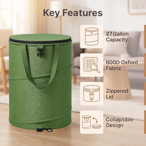 Image of 27 Gallon Collapsible Outdoor Trash Can Recycle Bin with Zipper Lid | Reusable Lawn and Leaf Bags Heavy Duty 600D Oxford Fabric, Pop Up Camping Trash Can for Indoor Storage and Outdoor Recycling