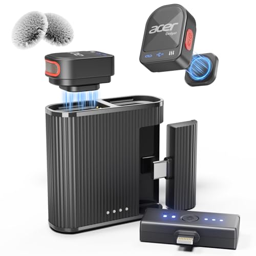 acer Wireless Lavalier Microphone for iPhone/Android/PC/Laptop Portable Mini Clip on Mic with Lightning + USB C Plug, 48KHz 24Bit, Noise Cancellation, 24H Battery for Video Recording