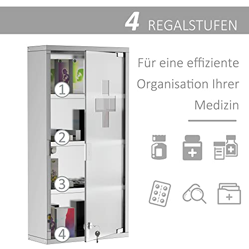 Medizinschrank aus Edelstahl, abschließbar und mit Glastür von Homcom