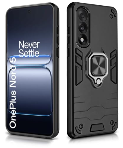 Image of WOW IMAGINE Shock Proof Back Case Mobile Cover for 1+ Oneplus Nord 5 5G (Tough Armor | Hybrid PC + TPU | Full Protection with Ring Holder & in-Built Kickstand | Black)