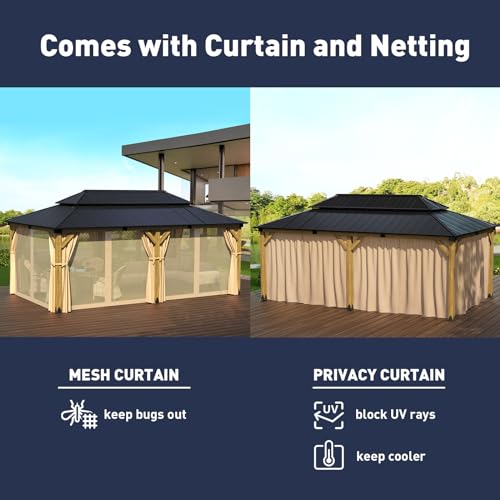 SUNBURY-12×20-Outdoor-Cedar-Wood-Gazebo-2-Tier-Metal-Hardtop-Wooden-Frame-Gazebo-for-Patio-with-Privacy-Curtains-and-Mosquito-Nettings-for-Gardens-Lawns-Backyard-Poolside-Log-Color-Frame SUNBURY 12×20 Outdoor Cedar Wood Gazebo 2 Tier Metal Hardtop Wooden Frame Gazebo for Patio with Privacy Curtains and Mosquito Nettings for Gardens Lawns Backyard Poolside Log Color Frame