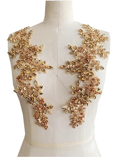 Zbroh Handmade red/White//Green/Blue Rhinestones Applique Sewing Beads Stones Trim lace Patches Accessory for Dress Clothes one Pair (Champagne)