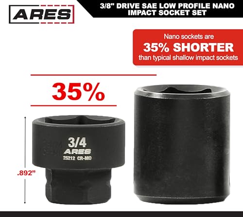 Image of ARES 29019 10-Pc 3 /8in SAE Nano Sockets, Low Profile, w /Rail | Impact grade sockets offer greater clearance than typical shallow sockets