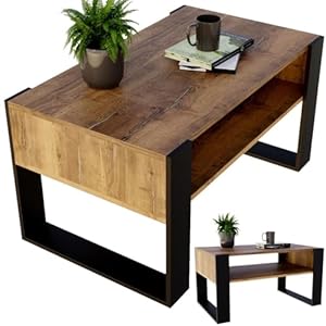 Wohnzimmer Tisch für Couch aus hochwertigem Holzwerkstoff, moderner Couchtisch mit zusätzlicher Ablagefläche, Sofatisch für Wohnzimmer, Farbe Retro-Schwarz
