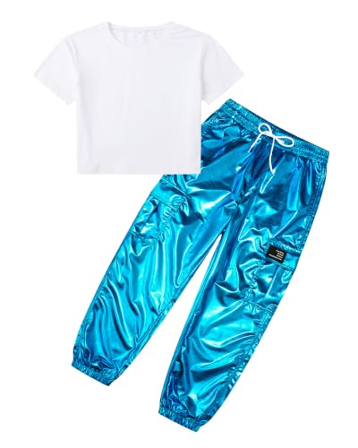 Image of SANGTREE Girls Shiny Hip Hop Outfits,Crop Top Cargo Joggers,13-14Y