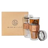 Birchland All Glass Double Wall 14 oz Coffee Cups, Set of 2, Pure Glass Lid, Silicone Grip