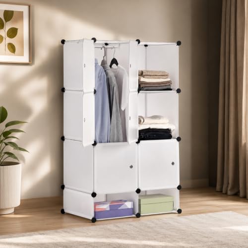 Image of Amazon Basics Plastic Modular Wardrobe Storage Cabinet for Home | 8 Cube Organizer with Hanging Space | DIY Foldable Closet for Clothes, Shoes & Accessories | White | 75 x 47 x 128 cm