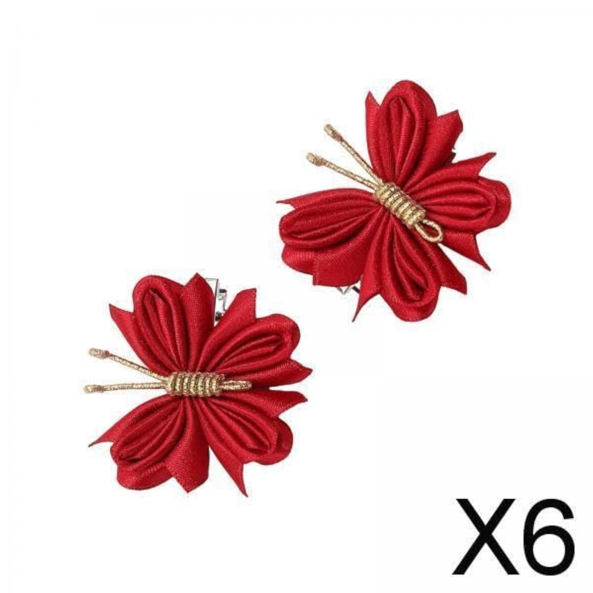 6pc Butterfly Hair Clips Ponytail Set, Gold Thread Red