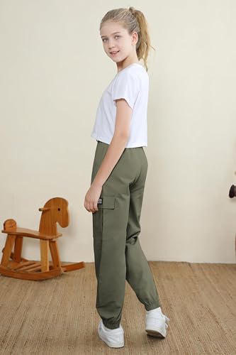 Image of SANGTREE Kids Girls 2 Piece Outfit, Crop Top T-Shirts and Cargo Pants Tracksuits Set, White Army Green, 13-14 Years = Tag 170