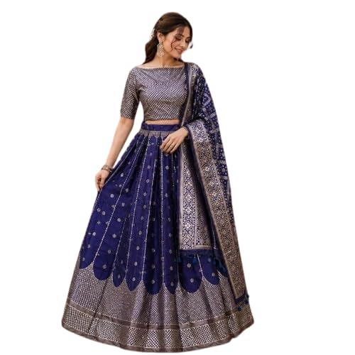 Women’s Banarasi Lehenga Choli Set Semi-Stitched Silk Lehenga with Zari Weaving South Indian Traditional Lehenga Choli with Dupatta Bridal & Mehndi Outfit Navy Blue-image-39