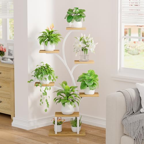 Image of BACEKOLL Plant Stand Indoor with Grow Lights, 7 Tiered Indoor Plant Shelf, 49 inch Corner Plant Stands for Indoor Plants, Metal Plant Flower Display Shelf, Tree-Shaped Plant Rack for Home, Patio, Natural