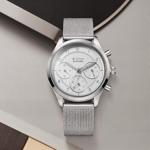 Image of Titan Sapphire Quartz Multifunction White Dial Silver Stainless Steel Strap Watch for Men - NT1874SM01