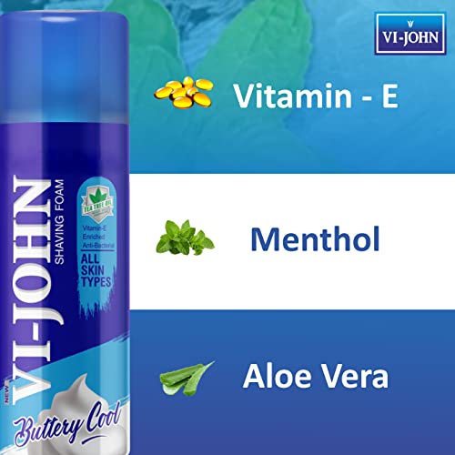 Image of VI- JOHN Shaving Foam For Men, All Skin Type Shaving Foam With Goodness of Nature, Tea Tree Oil, Vitamin E Enriched and Anti- Bacterial Formula (400gm Each- Pack of 2)